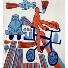 Blå-orange Stentransport, 2021 Linocut