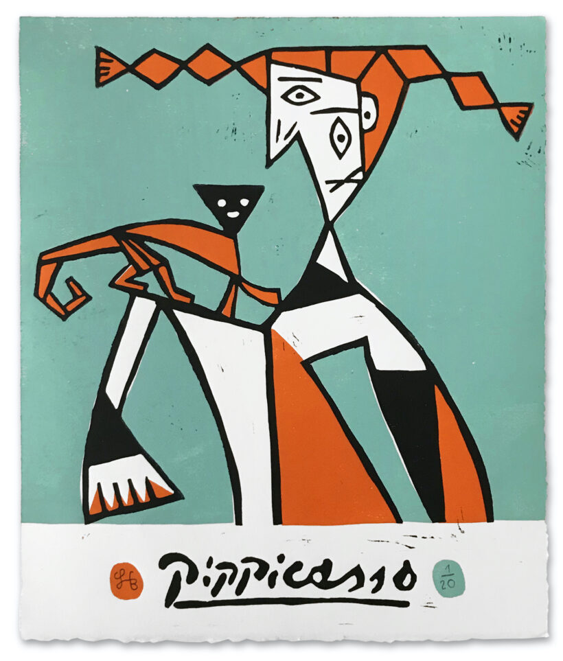 Pippicasso - green/orange version, 2021 Lino cut
